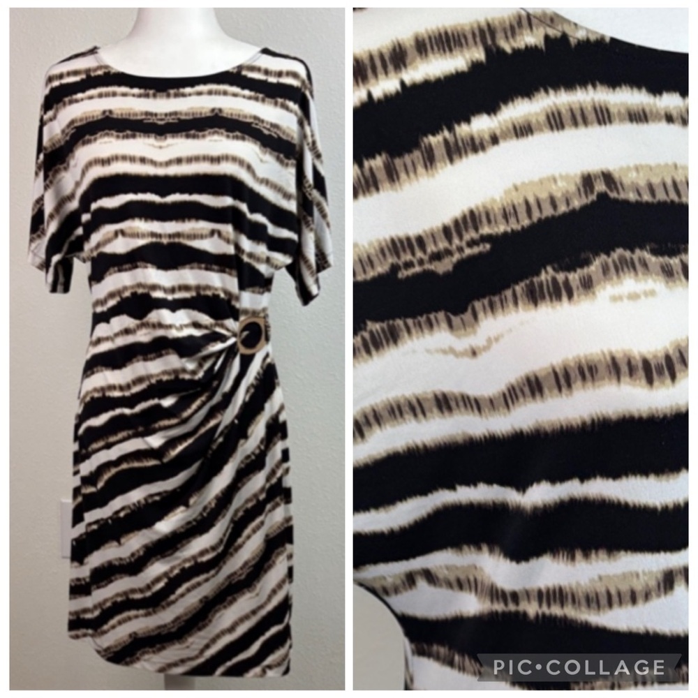 Calvin Klein doleman sleeve abstract animal stripe jersey faux wrap dress M